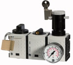 Wartungsstation Safety, bestehend aus Kugelhahn inkl. Schalldämpfer, Anfahrventil und Druckregler Gewinde G 1/4 Regel- bereich bar 2,5 - 8