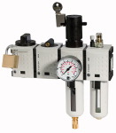 Wartungsstation Safety, bestehend aus Kugelhahn inkl. Schalldämpfer, Anfahrventil und 2-tlg. Wartungseinheit Gewinde G 1/4 Kondensat- ablass VA