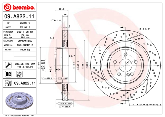 BREMBO Bremsscheibe 09.A822.11